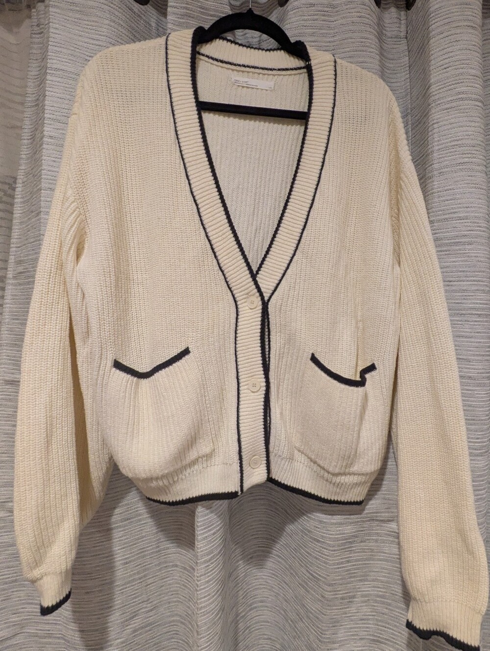 OAK + FORT Cream Cardigan with Black Contrast Trim